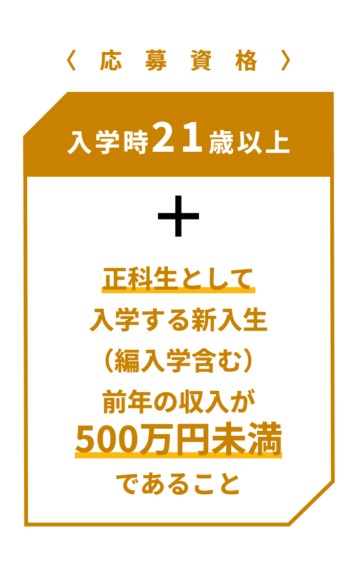 応募資格：入学時21歳以上＋正科生として入学する新入生（編入学含む）前年の収入が500万円未満であること