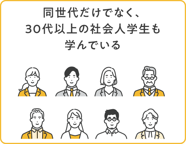 同世代だけでなく、30代以上の社会人学生も学んでいる