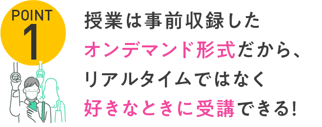 POINT1 授業は事前収録したオンデマンド形式だから、リアルタイムではなく好きなときに受講できる!